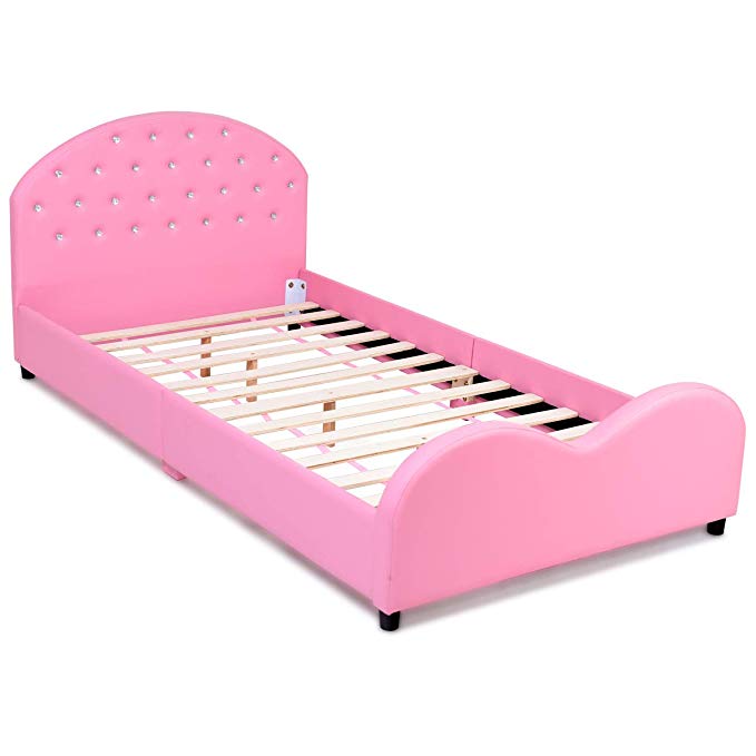 Costzon Toddler Bed, Upholstered Platform Bed W/Embedded Crystal Wood Bedframe Cylindrical Feet Kids Boys & Girls, Children Classic Sleeping Bedroom Furniture(Pink)