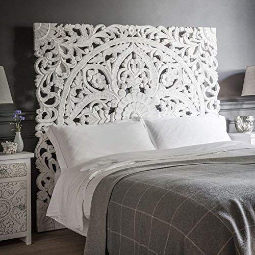 Queen Size Boho Carved Wood Bed Headboard, Handmade Wall Art Hanging From Chiang Mai, Thailand.