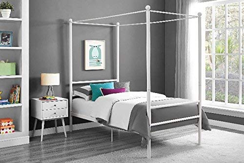 Mainstays Easy to Assemble Modern Design TWIN Size Sturdy Metal Frame Four Post Canopy Bed in White