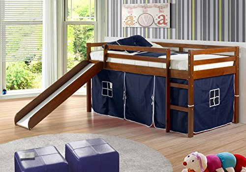 Kid's Twin Low Loft Bed w/ Slide and Tent - Espresso w/ Blue