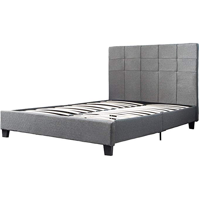 Upholstered Square Stitched Platform Bed Frame with Wooden Slats, Mattress Foundation, No Box Spring Needed (Grey, Queen)