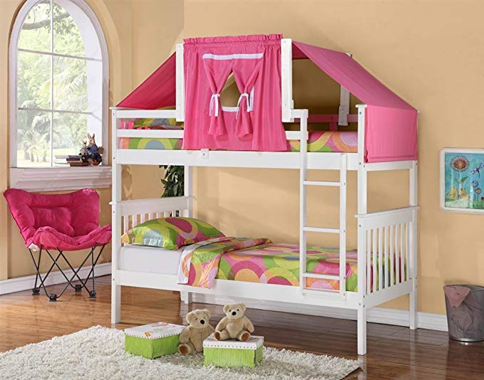 Donco Kids Twin Over Twin Mission Bunk Bed with Tent Kit in White and Pink