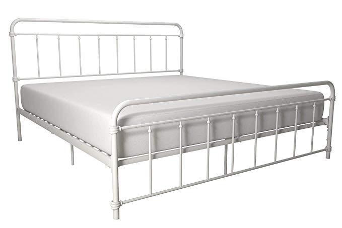 DHP Wallace Metal Bed Frame in Black with Vintage Headboard and Footboard, No Box Spring Required, Sturdy Metal Frame with Slats (King, White)