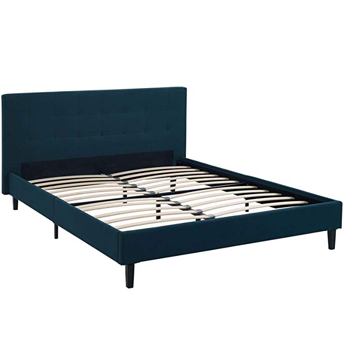 Modern Contemporary Urban Design Bedroom Full Size Platform Bed Frame, Navy Blue, Fabric Wood