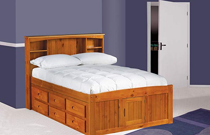 Discovery World Furniture Full Captains Bed Bookcase with 3 Drawers and Trundle, Desk, Hutch and Chair in Honey Finish