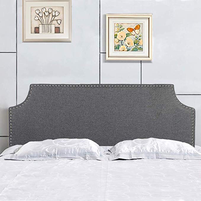 Headboard Fabric Upholstered Full/Queen Size Headboard with Modern Gray Linen Tufted with Heavy Duty Nailheads