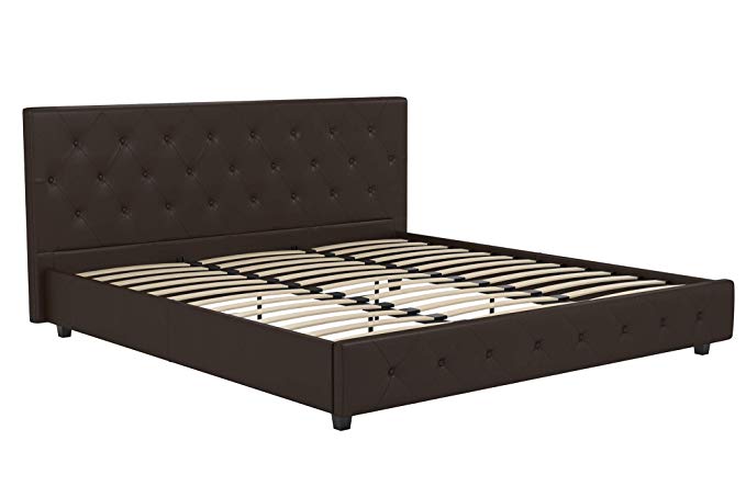 DHP 4175249 Dakota Upholstered Faux Leather Platform Bed with Wooden Slat Support and Tufted Headboard and Footboard, King, Brown