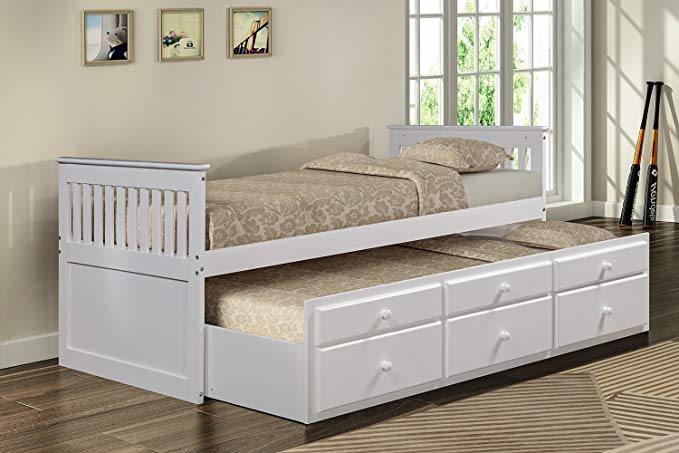 Merax Captain’s Platform Storage Bed Trundle Bed Drawers, Twin (White)