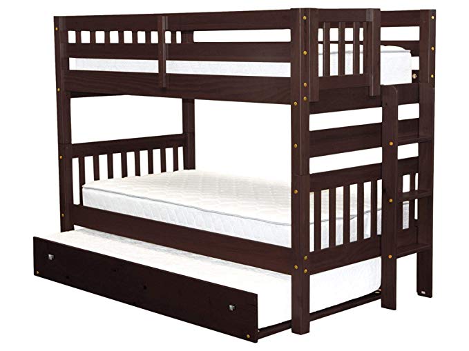 Bedz King Bunk Beds Twin Over Twin Mission Style with End Ladder and a Twin Trundle, Cappuccino