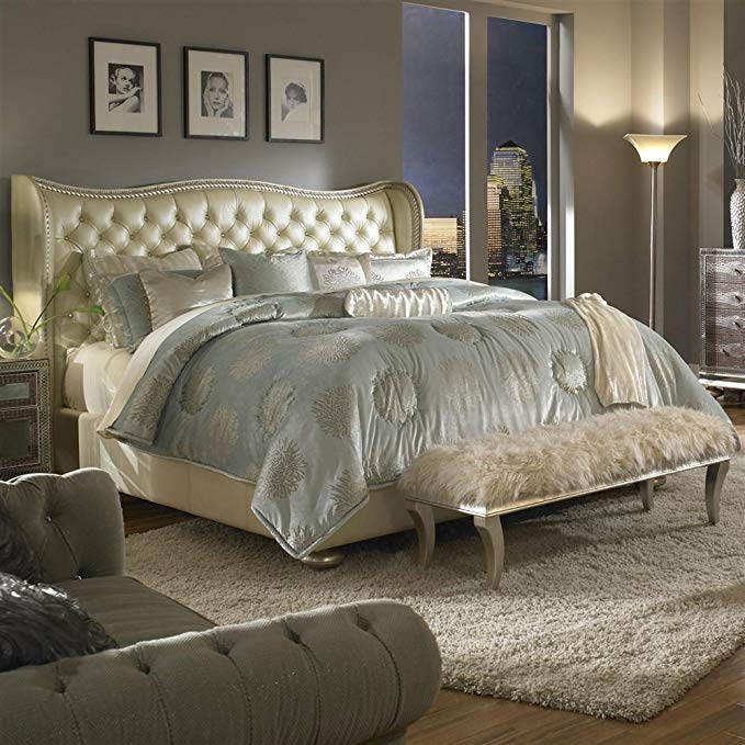 Hollywood Swank Queen Pearl Leather Bed By Aico Amini