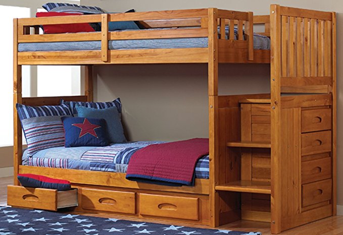 Discovery World Furniture Mission Twin Over Twin Staircase Bunk Bed with 3 Drawers, Desk, Hutch, Chair and Entertainment Dresser in Honey Finish