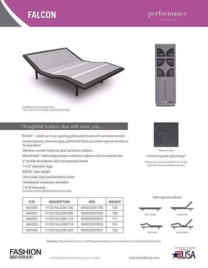 New leggett & platt FALCON adjustable bed with wireless remote (twin xl)