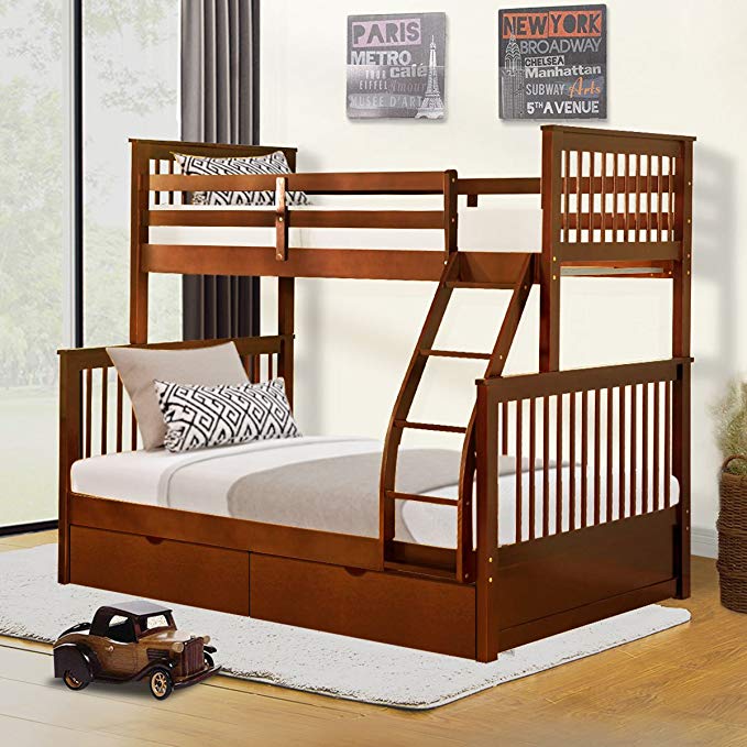 Harper&Bright Designs Twin-Over-Full Bunk Bed with Ladders and Two Drawers(Walnut)