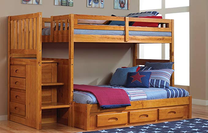 Discovery World Furniture Twin Over Full Staircase Bunk Bed with 3 Drawers - Honey
