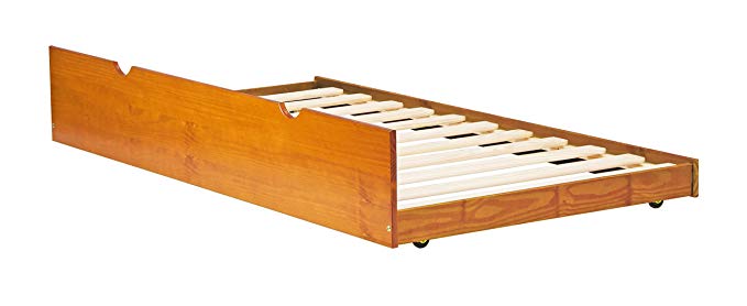 100% Solid Wood Twin Trundle On Wheels, Honey Pine Color, 13”H x 41”W x 74”L, 12 Slats Included. Accommodates All Standard Twin Mattresses. Requires Assembly