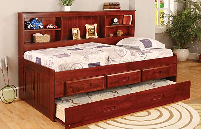 Discovery World Furniture Twin Daybed Bookcase with 3 Drawers and Trundle, Entertainment Dresser in Merlot Finish