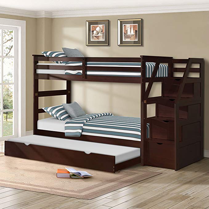 Harper&Bright Designs Twin-Over-Twin Trundle Bunk Bed with 4 Storage Drwers (Espresso_1)