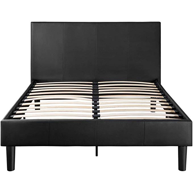 Bed Frame Full With Headboard,JULYFOX Deluxe Faux Leather Upholstered Bed Platform with Wooden Slats Heavy Duty High Bed No Box Spring Needed Black