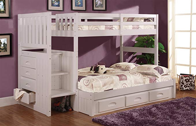 Discovery World Furniture Twin Over Full Stair Stepper Bed with 3 Drawers, Desk, Hutch and Chair in White Finish
