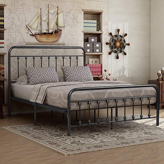 Elegant Home Products Victorian Vintage Style Platform Metal Bed Frame Foundation Headboard Footboard Heavy Duty Steel Slabs Queen Full Twin Silver/Gray Finish (Queen)