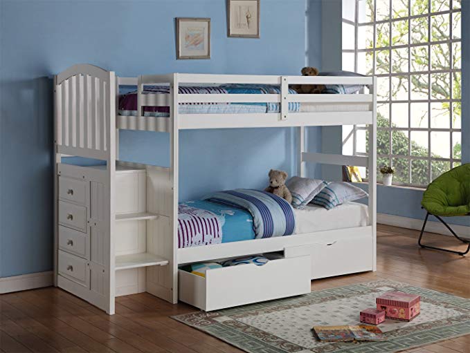 Donco Kids Arch Mission Stairway Bunk Bed in White Built-in Chest Under-Bed Drawers