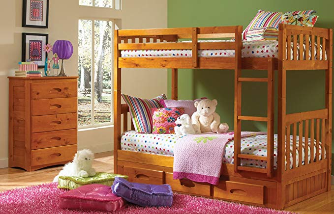 Discovery World Furniture Mission Twin Over Twin Bunk Bed with 3 Drawers, Desk, Hutch, Chair and 5 Drawer Chest in Honey Finish