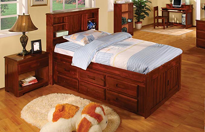 Discovery World Furniture Twin Captains Bed Bookcase with 3 Drawer and Trundle, Desk, Hutch and Chair in Merlot Finish