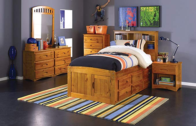 Discovery World Furniture Twin Captains Bed Bookcase with 6 Drawers, Desk, Hutch, Chair and 5 Drawer Chest in Honey Finish