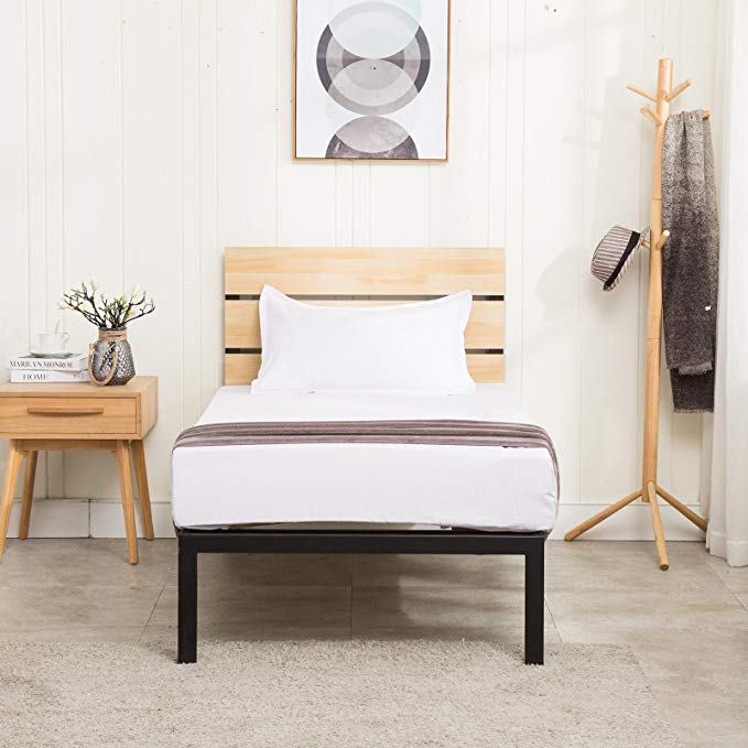 Mecor Wood Metal Platform Bed Frame Twin Size,with Wooden Headboard/Solid Slats/Reinforced Steel Frame,Black/Twin