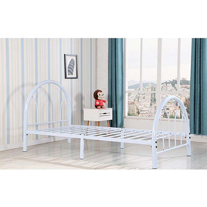 Kids Bed For Girls or Boys - Twin Size Metal Platform Bed Frame - Headboard, Footboard and Slats - Sturdy, Contemporary, Colored - Mattress Not Included (White)
