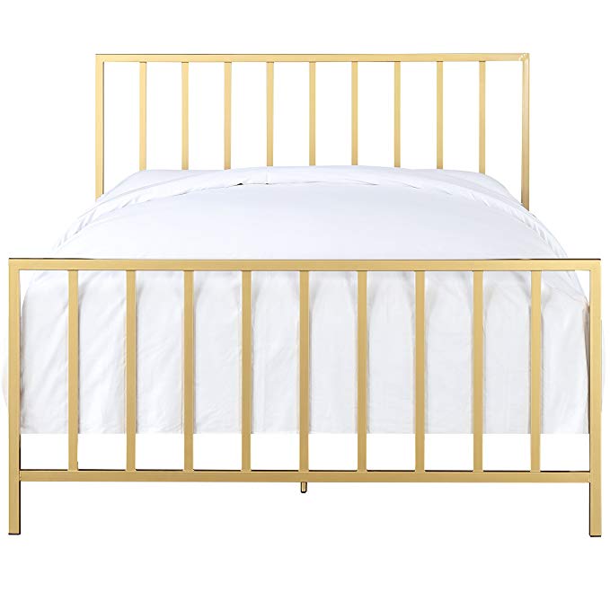 All-In-One Slat Style Brushed Gold Queen Metal Bed