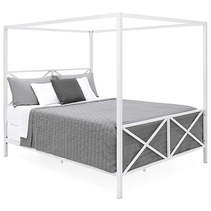 Best Choice Products Modern 4 Post Canopy Queen Bed w/Metal Frame, Mattress Support, Headboard, Footboard - White