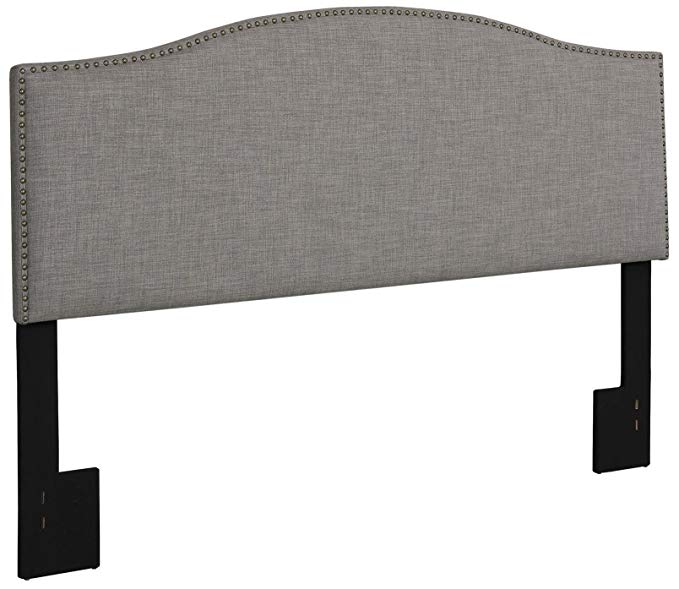 Modern Arch Upholstered Padded Gray Linen Fabric Headboard with Metal Nailheads -Queen