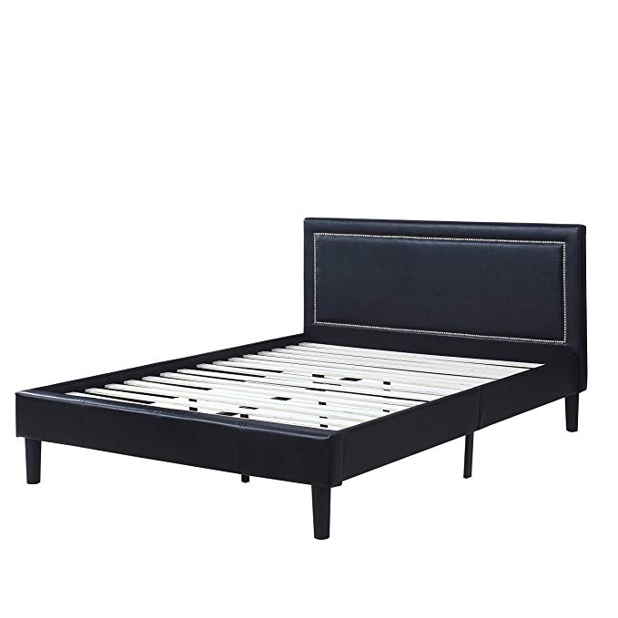 Divano Roma Furniture Classic Deluxe Bonded Leather Low Profile Platform Bed Frame with Nailhead Trim Headboard Design - Fits Full, Queen, King Mattresses (Twin, Black)