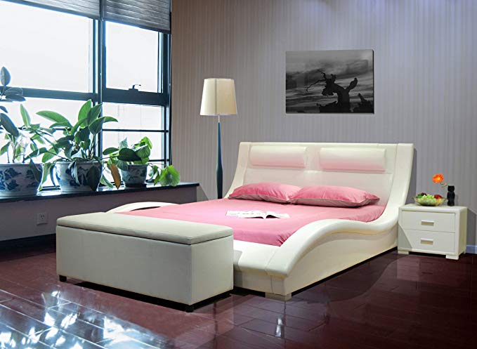 GREATIME B1141 Queen Size White Color Contemporary Platform Bed