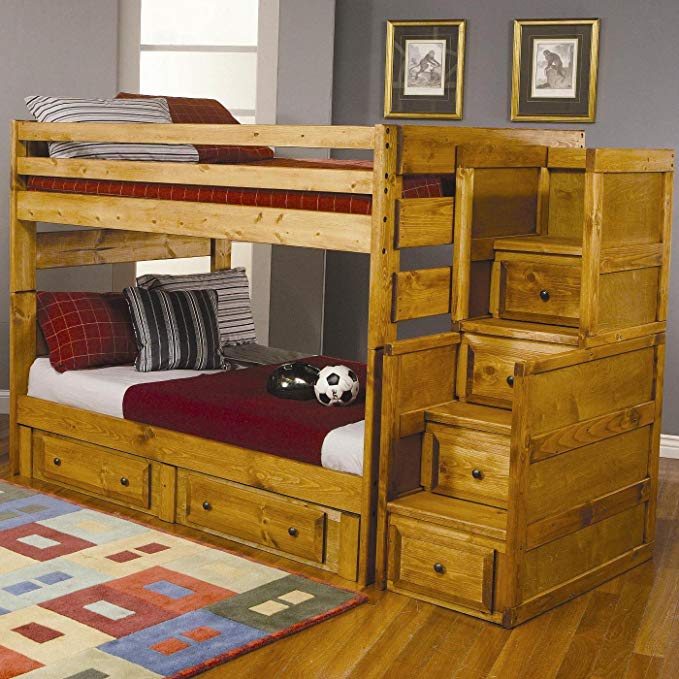Full Size Bunk Bed with Stairway Chest in Amber Wash Finish