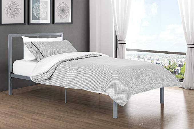 Finlay Twin Metal Bed Frame in Rich Silver, Modern Scandinavian Minimalist Design, Solid Platform Sturdy Metal Slats, with Metal Headboard, Adjustable Height 7” or 11” of Clearance for Storage