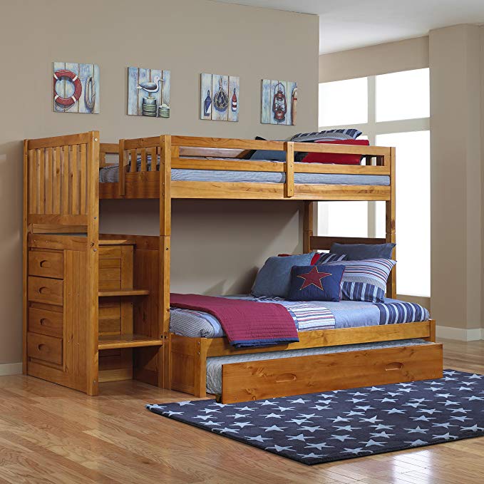 Discovery World Furniture Mission Twin Over Full Staircase Bunk Bed with Trundle in Honey Finish