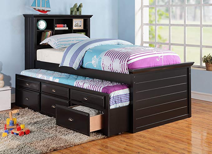 BLACK CAPTAIN TWIN BOOKCASE BED W/TRUNDLE BED AND 3 DRAWERS STORAGE