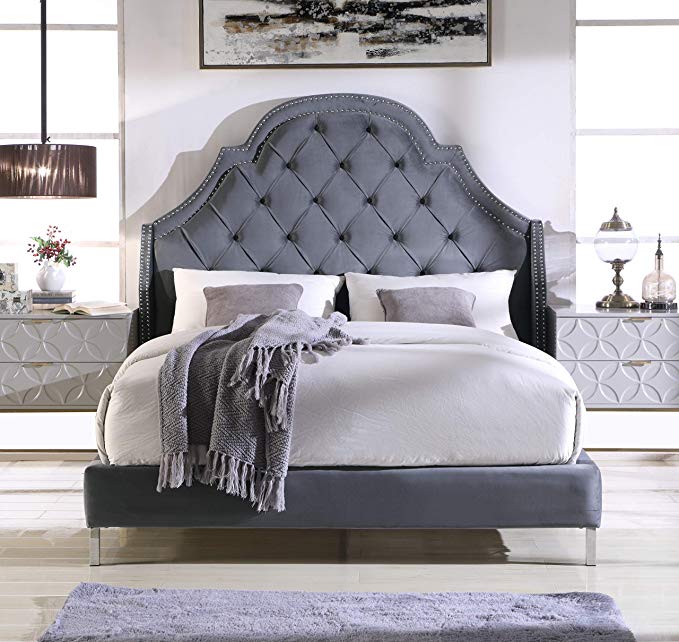 Iconic Home Nero Bed Frame with Wingback Headboard Velvet Upholstered Button Tufted Silver Nail Head Trim Stainless Steel Metal Legs, Modern Transitional, King, Grey