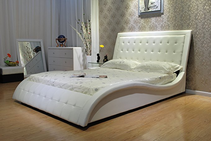 Greatime B1136-2 Eastern King White Wave Shape Upholstered Bed with Euro Curved Slats