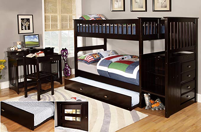 Discovery World Furniture Twin Over Twin Stair Stepper Bed with Trundle in Espresso Finish