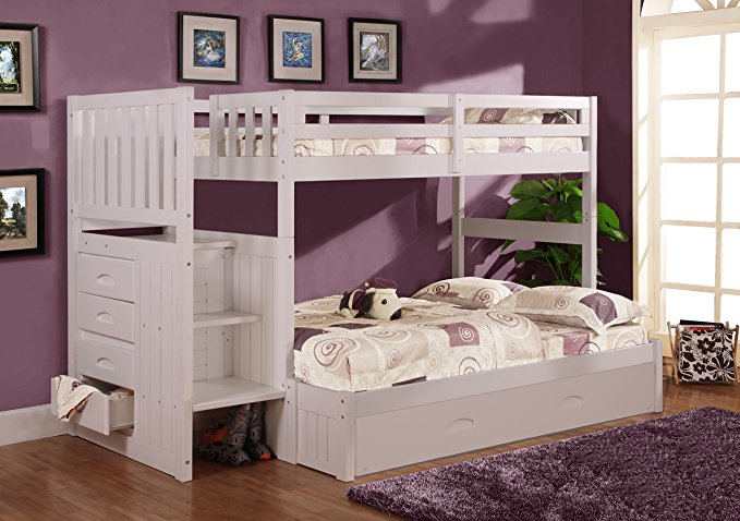 Discovery World Furniture Twin Over Full Stair Stepper Bed with Trundle in White Finish
