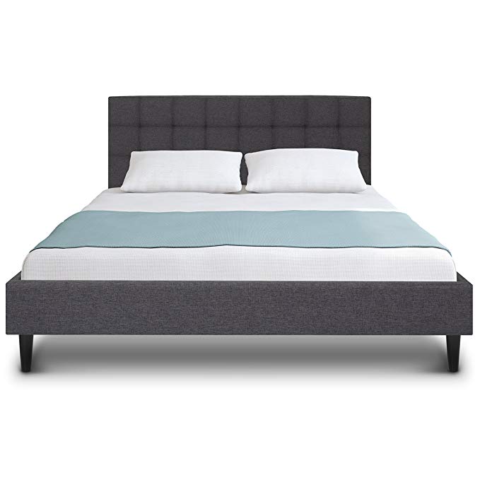 Best Choice Products Queen Upholstered Platform Bed with Stitched Headboard, Wooden Slats- Gray