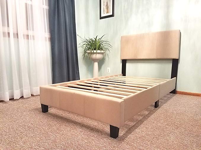 Malko Upholstered Light Beige Cloth Platform Bed with Wooden Slats (Full)