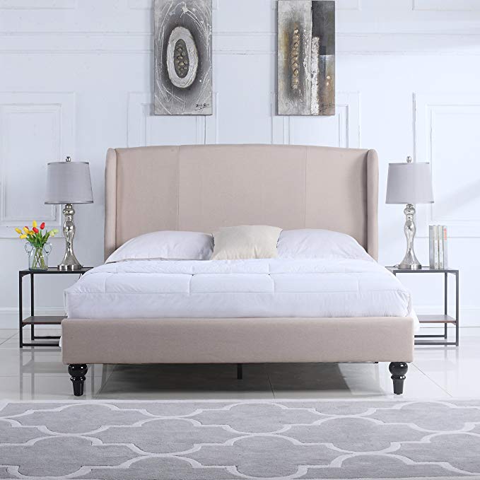 Divano Roma Furniture Classic Deluxe Linen Platform Bed Frame with Upholstered Shelter Headboard (Full, Ivory)