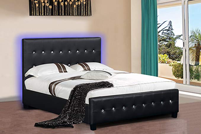 Modern Headboard Tufted Design Leather Look Upholstered Bed with LED Headboard (Queen, Black)