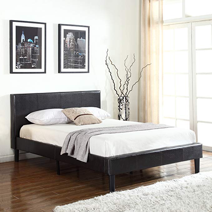 Deluxe Espresso Brown Bonded Leather Platform Bed with Wooden Slats (Full)