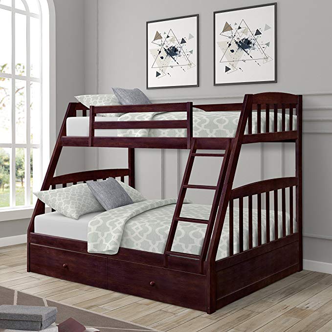 Harper&Bright Designs Solid Wood Twin Over Full Bunk Bed with Two Storage Drawers (Espresso)