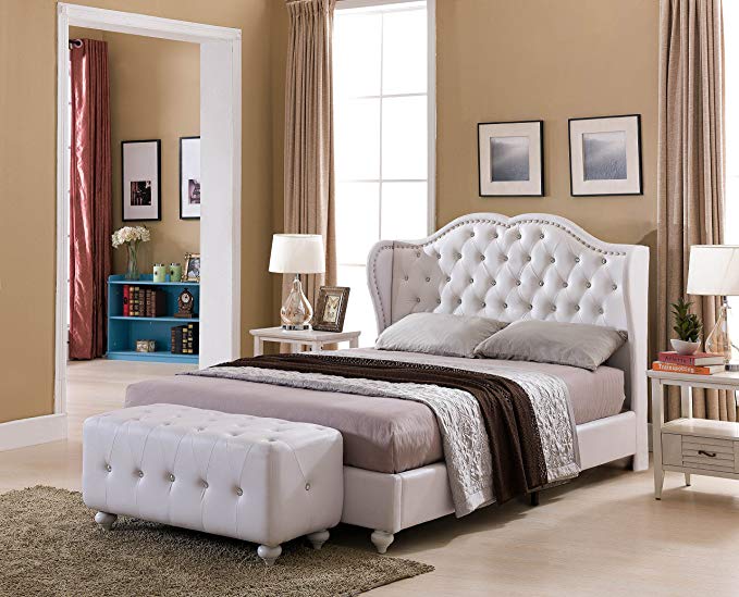 Kings Brand Furniture White Tufted Design Faux Leather Full Size Upholstered Platform Bed